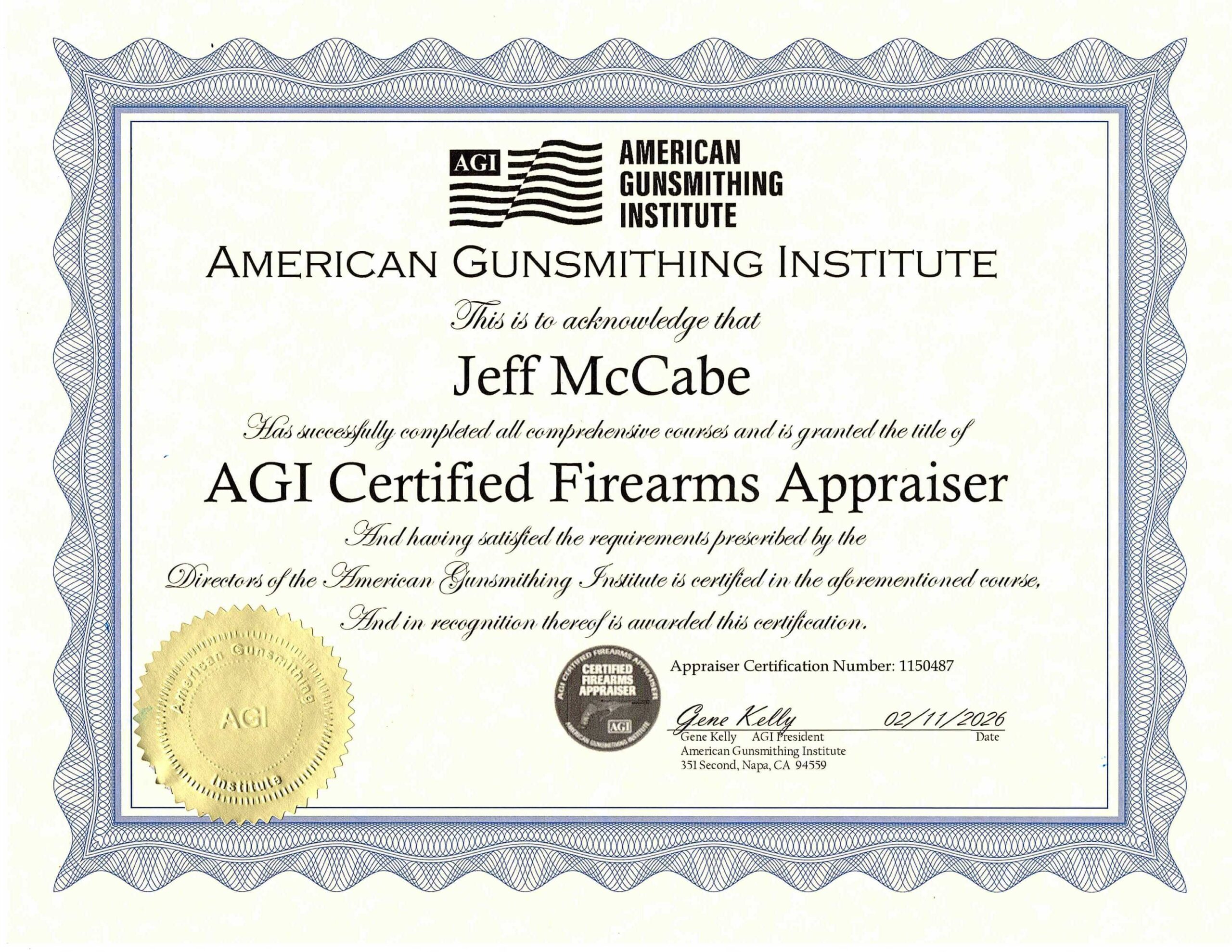 AGI Certified Firearms Appraiser certificate for Jeff McCabe of California Gun Services.