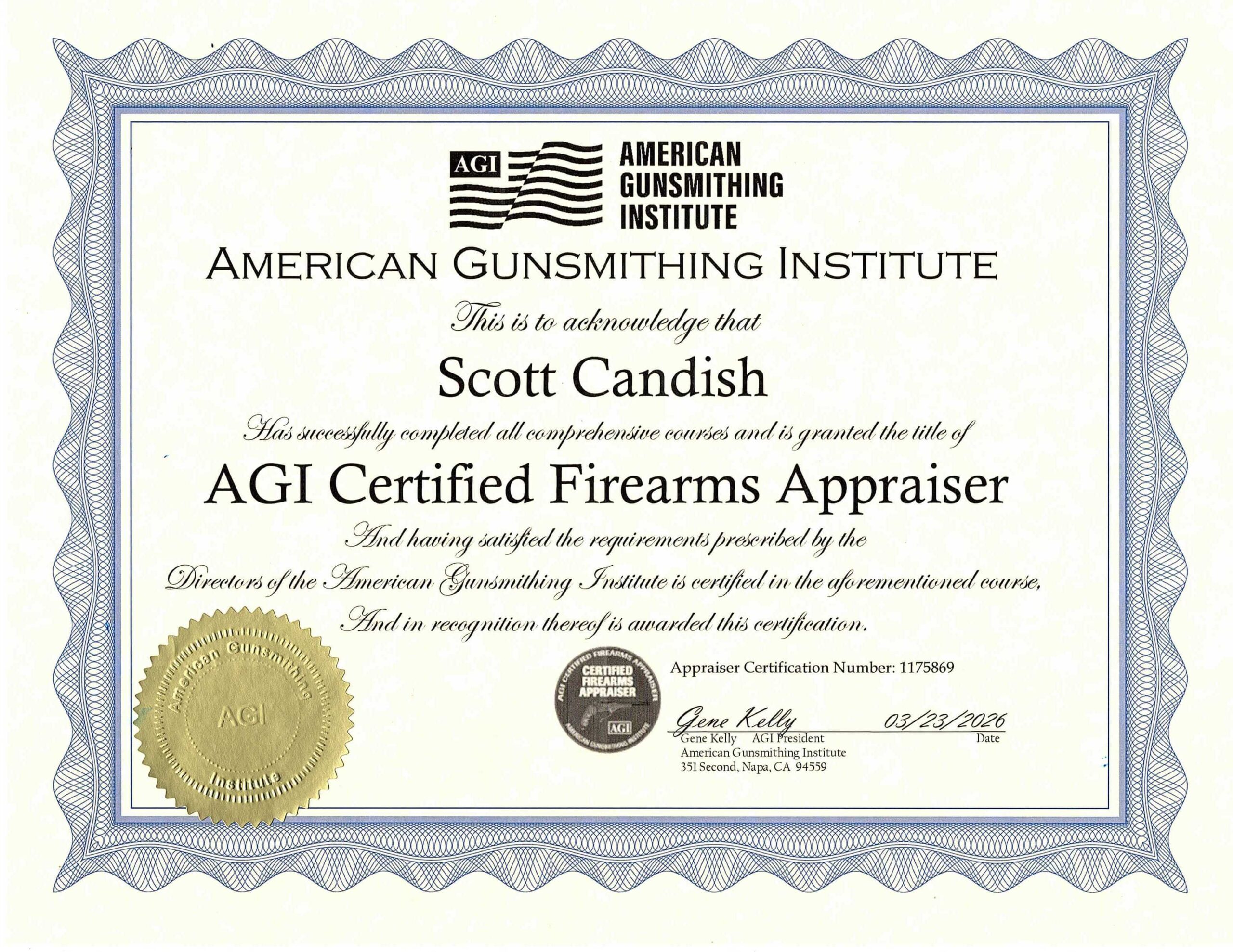 AGI Certified Firearms Appraiser certificate for Scott Candish of California Gun Services.