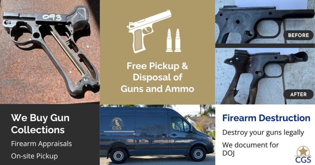 Promotional flyer for California Gun Services featuring firearm destruction services with a before-and-after example of a firearm frame crushed for destruction, on-site pickup, gun collection purchases, and the CGS van used for pickups and removals of firearms and ammo.