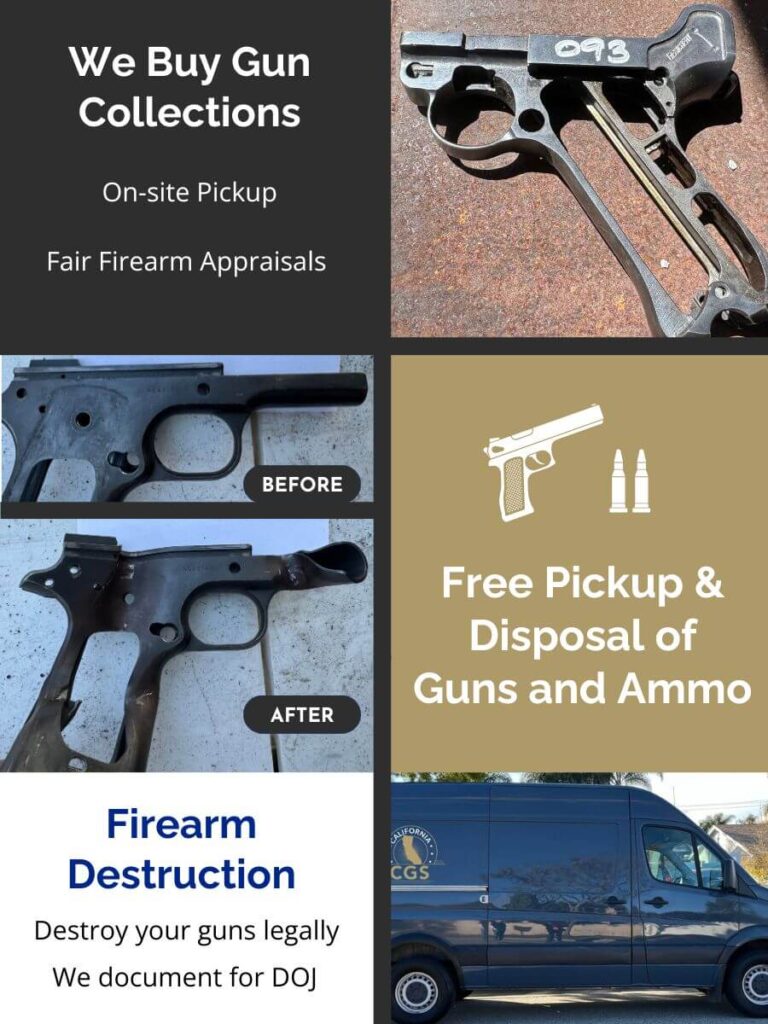 Promotional flyer for California Gun Services featuring firearm destruction services with a before-and-after example of a firearm frame crushed for destruction, on-site pickup, gun collection purchases, and the CGS van used for pickups and removals of firearms and ammo.