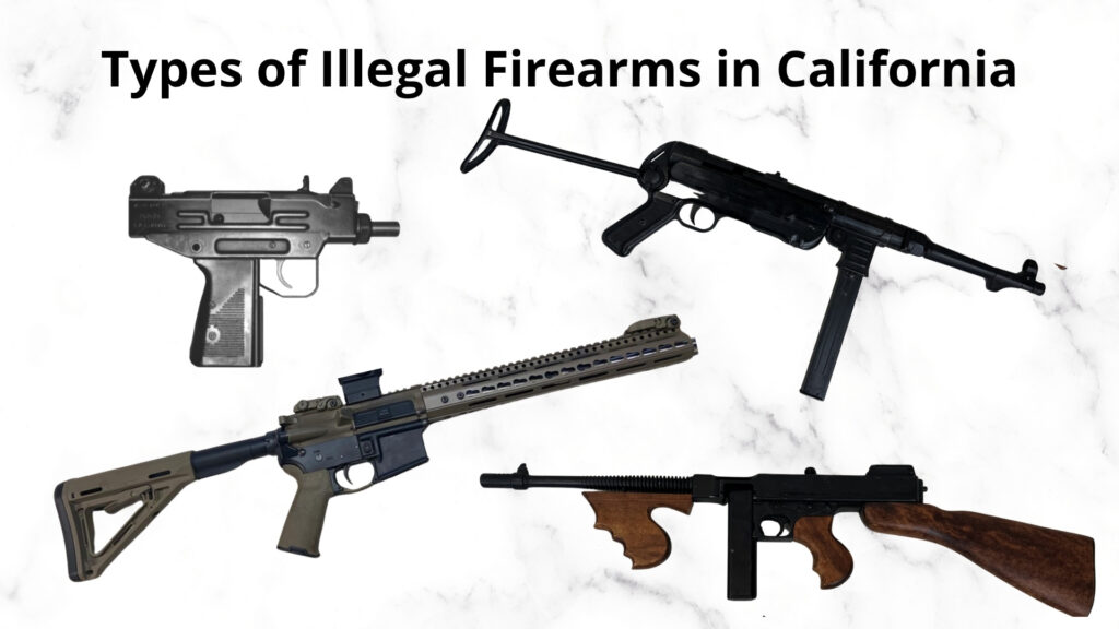 Various examples of firearms that are classified as illegal assault weapons in California.