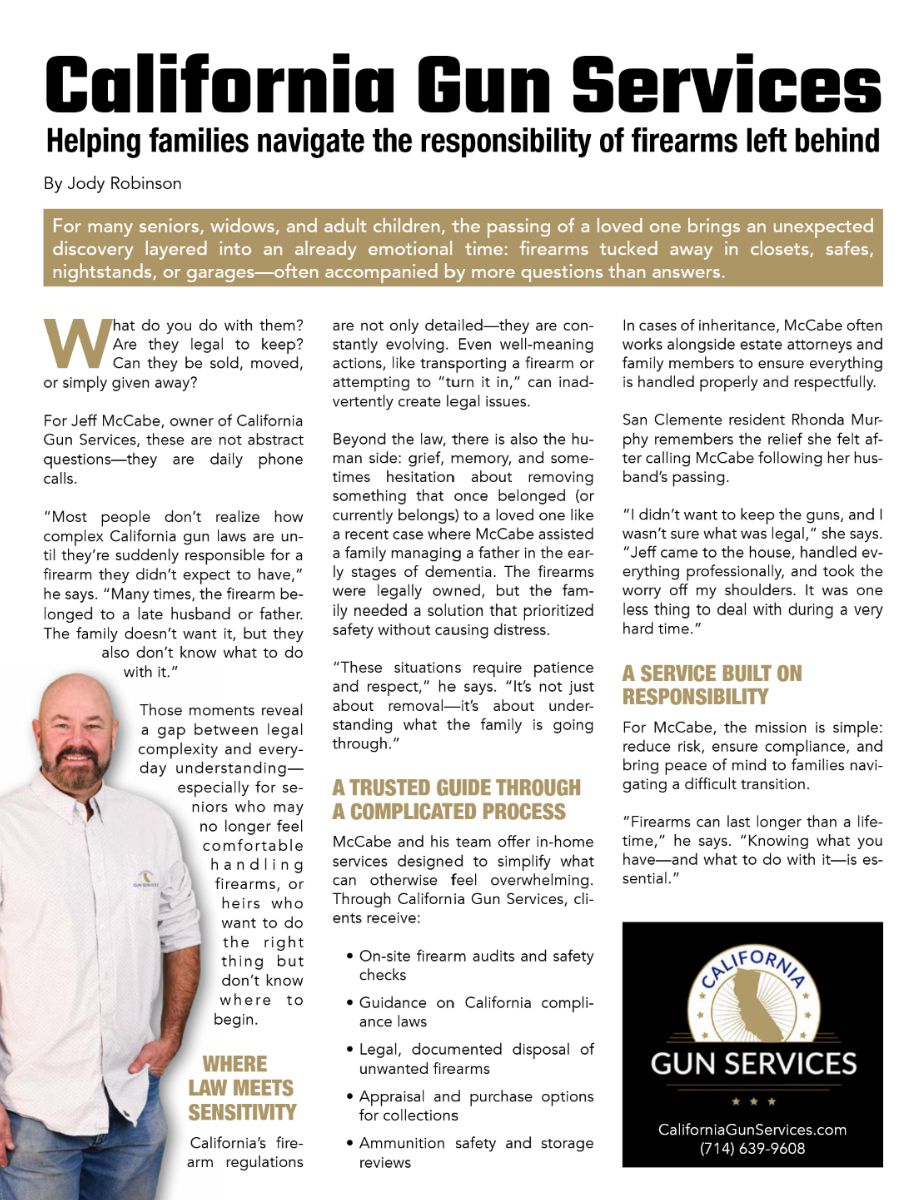 South County Magazine article featuring California Gun Services, July 2026, about helping families navigate firearms left behind.